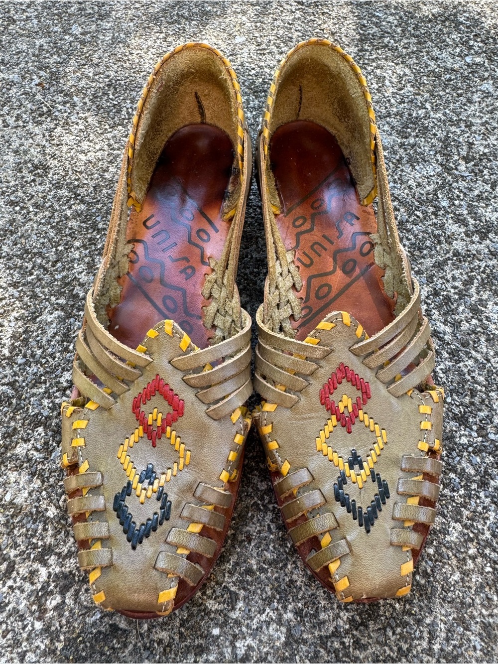 Vintage Unisa Leather Woven Multicolor Leather Huaraches Flats Boho 7 Festival